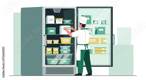 Chef Organizes Refrigerated Supplies in Commercial Kitchen, Preparing Fresh Dishes Creatively