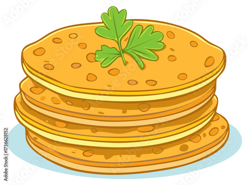 Stack of Homemade Chapati Bread with Parsley, Illustration, Food Art
