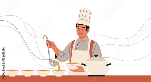 Chef Pouring Soup Into Bowls, Kitchen Illustration, Preparing Dishes For Restaurant
