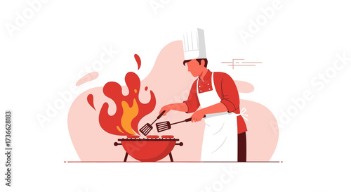 Chef Prepares Barbecue, Grilling Food Illustration, Red Theme For Culinary Enthusiasts