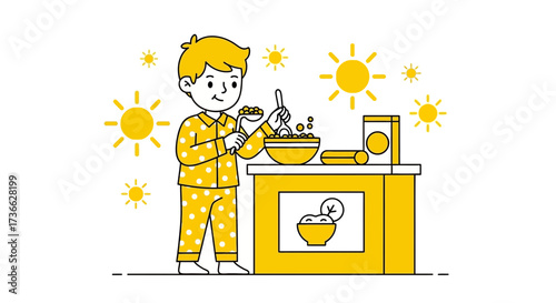Cheerful Boy Preparing Breakfast With Sunny Symbols Illustrating A Bright Start