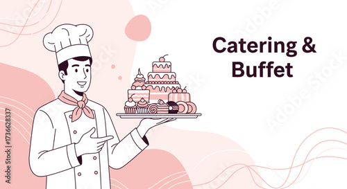 Cheerful Chef Presenting a Delicious Selection of Cakes and Pastries for Catering Events