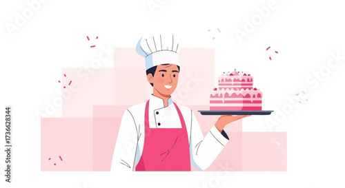 Cheerful Chef Presenting a Deliciously Decorated Cake for Sweet Celebration Joy