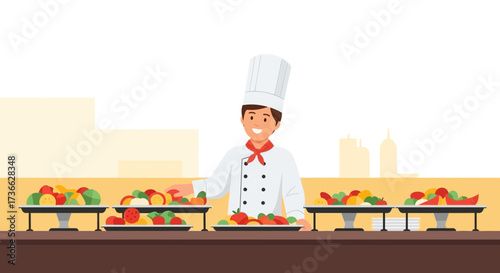 Chef Preparing Colorful Salad Buffets Displaying Fresh Fruit and Vegetables