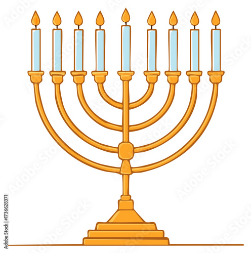 Golden Menorah with Nine Burning Candles