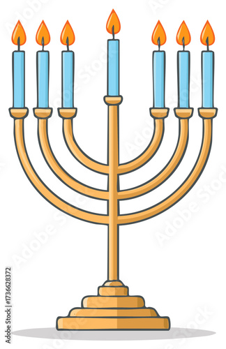 A seven-branched menorah with lit blue candles and a gold base, depicted in a simple illustrative style.