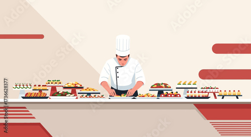Chef Preparing Culinary Delights Behind a Buffet Table, Serving Gastronomic Creations