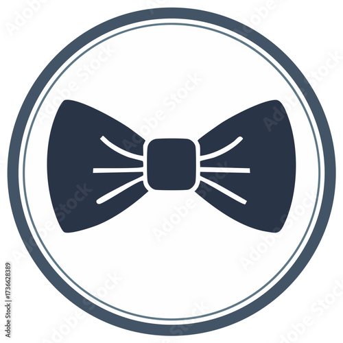 Formal dark blue bow tie icon in a circle, minimalist design