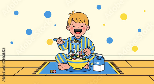 Cheerful Child Enjoying Breakfast with Cereal and Milk in an Engaging Illustration