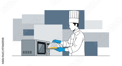 Chef Preparing Dish From Microwave In Modern Kitchen Graphic Illustration