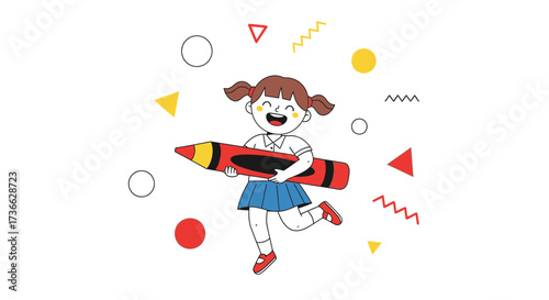 Cheerful Child Illustrates, Holding a Giant Crayon, Exuding Joyful Youthfulness and Playfulness