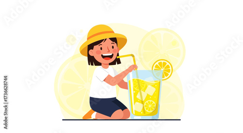 Cheerful Child Is Enjoying Fresh Lemonade On A Sunny Day With Delicious Refreshment