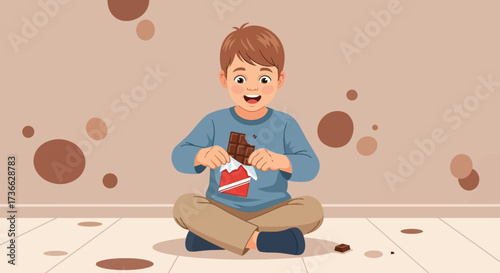 Cheerful Child Opens Chocolate Bar As He Sits Cross-Legged, About To Enjoy The Treat