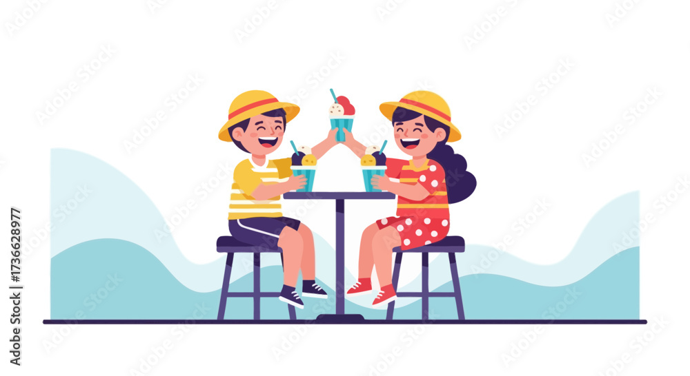 Fototapeta premium Cheerful Children Enjoying Delightful Ice Cream Treats Together In The Summer
