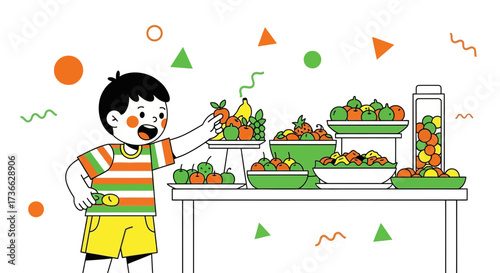Cheerful Child Reaches For Fresh Fruit, Celebrating Healthy Eating Habits And Nutrition