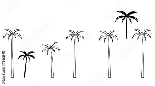 Modern minimalist poster with eight palm tree line drawings in horizontal layout. Black outlines, some solid fills, neutral cream background, clean flat design emphasizing geometry and simplicity.”