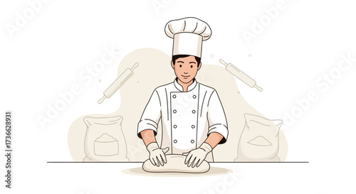 Chef Preparing Fresh Dough For Baking Delicious Bread And Other Various Pastries