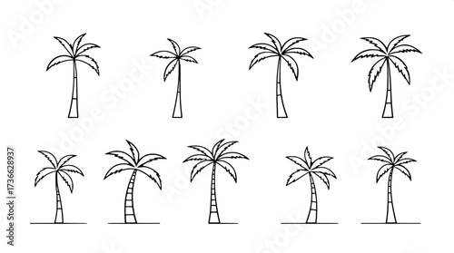 Modern minimalist poster with eight palm tree line drawings in horizontal layout. Black outlines, some solid fills, neutral cream background, clean flat design emphasizing geometry and simplicity.”
