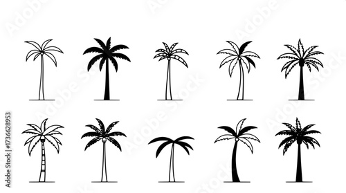 Modern minimalist poster with eight palm tree line drawings in horizontal layout. Black outlines, some solid fills, neutral cream background, clean flat design emphasizing geometry and simplicity.”