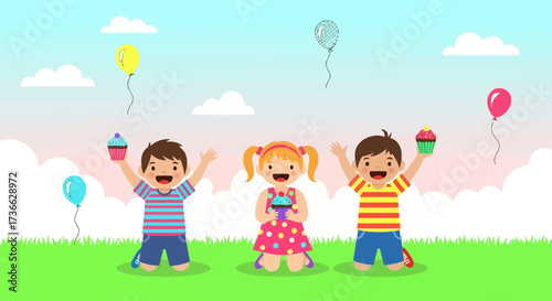 Cheerful Children Enjoying Birthday Cupcakes And Colorful Balloons In A Fun Scene