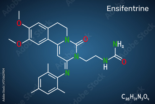Ensifentrine molecule. Dual PDE3 and PDE4 inhibitor investigated for treatment of COPD and asthma. Dark blue background. Vector illustration