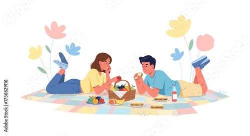 Cheerful Couple Enjoying a Peaceful Picnic Moment with Food and Nature Outside