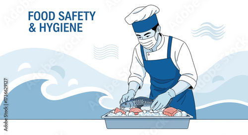 Chef Preparing Fresh Seafood Ensuring Food Safety And Hygiene in Professional Kitchen