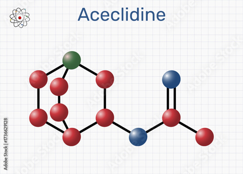 Acelidine molecule. Muscarinic receptor agonist, cholinergic drug used as miotic agent. Molecular model. Sheet of paper in a cage. Vector illustration