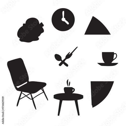 Collection of silhouette icons representing a cafe or bistro setting