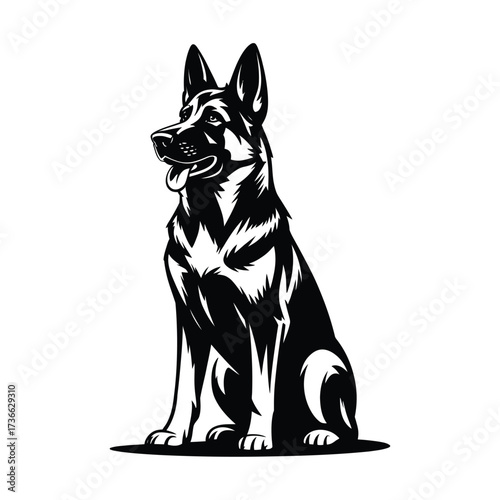 Alert german shepherd dog sitting in black and white illustration
