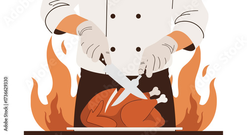 Chef Preparing Roasted Chicken Dish Amidst Flames, Culinary Art Graphic Illustration