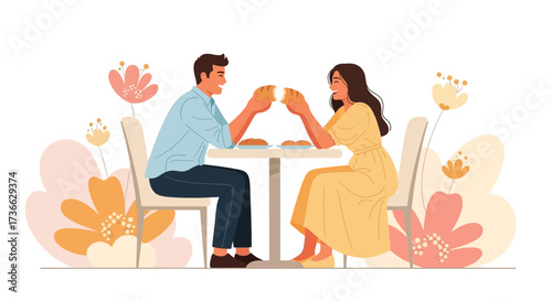 Cheerful Couple Toasting Bread At Table With Floral Decorations On Background