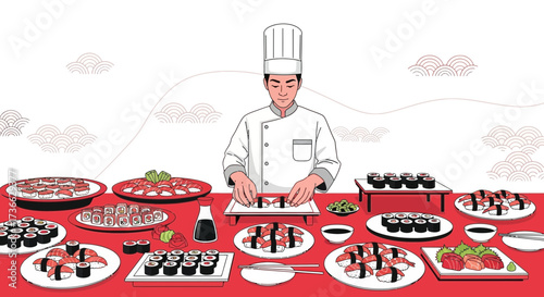 Chef Preparing Sushi With Various Dishes On A Red Table With Japanese Style Decorations