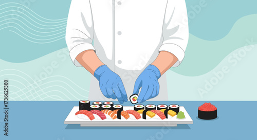 Chef Preparing Sushi on a Plate in an Illustrated and Minimalist Style