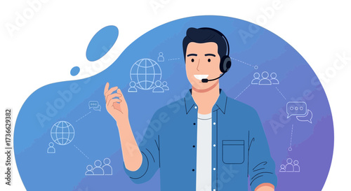 Cheerful Customer Service Representative Communicating Global Support and Worldwide Connections