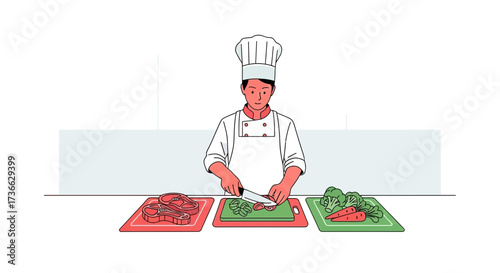 Chef Preparing Vegetables and Meat in a Kitchen Environment with Fresh Ingredients Illustration