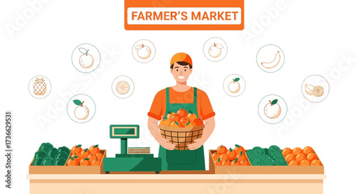 Cheerful Farmer at the Market Presenting Fresh Fruits and Vegetables in a Colorful Display
