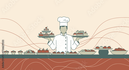 Chef Presenting Desserts: Culinary Presentation of Cakes, Tarts and Other Sweets in Line Art