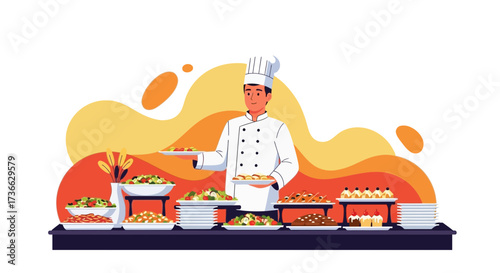 Chef Presenting Food Buffet Catering Service Illustration for Dining or Restaurant