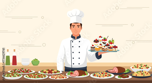 Chef Proudly Presenting A Culinary Feast Of Dishes And Pastries For A Special Event