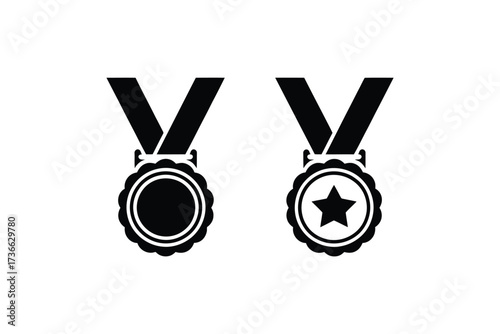 Two simple black and white medal icons with ribbons