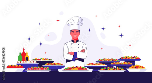 Chef Proudly Presents A Colorful Buffet Of Aromatic And Delicious Culinary Creations