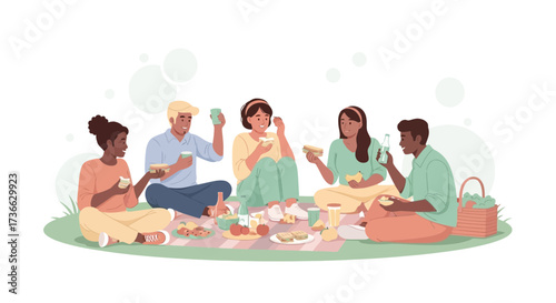 Cheerful Friends Sharing Food While Relaxing Outdoors, Enjoying Leisure Time Together