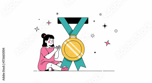 Cheerful Girl Celebrates Gold Medal Success With Joyful Applause and Delight