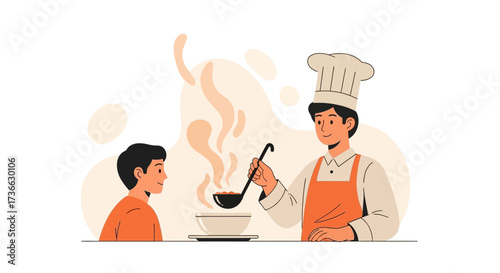 Chef Serving Dish To A Young Boy Preparing Fresh Soup in a Modern Kitchen Setting
