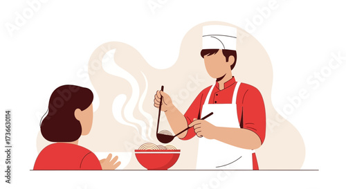 Chef Serving Freshly Made Hot Noodles to Customer in Simple Flat Vector Illustration