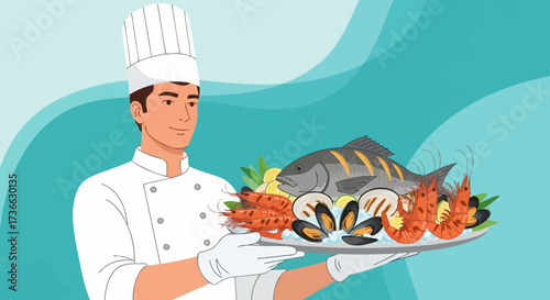 Chef Serving Fine Seafood Delicacies Presentation on a Plate for Gourmet Cuisine