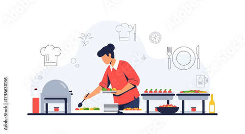 Chef Serving Food At Buffet, Catering Concept Illustrated, Vector Presentation