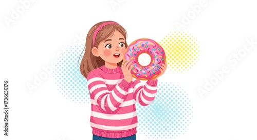 Cheerful Girl Delighted with Colorful Delicious Donut, Expressing Joy and Excitement