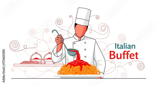 Chef Serving Pasta at an Italian Buffet with Spirals and Decorative Elements